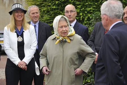 President Annie Quigley Windsor and Eton Royal Warrant Holders Association meets Her Majesty The Queen at Windsor Castle to present the gift of a hand made saddle for HM's 90th birthday.\\n\\n20/06/2019 18:03
